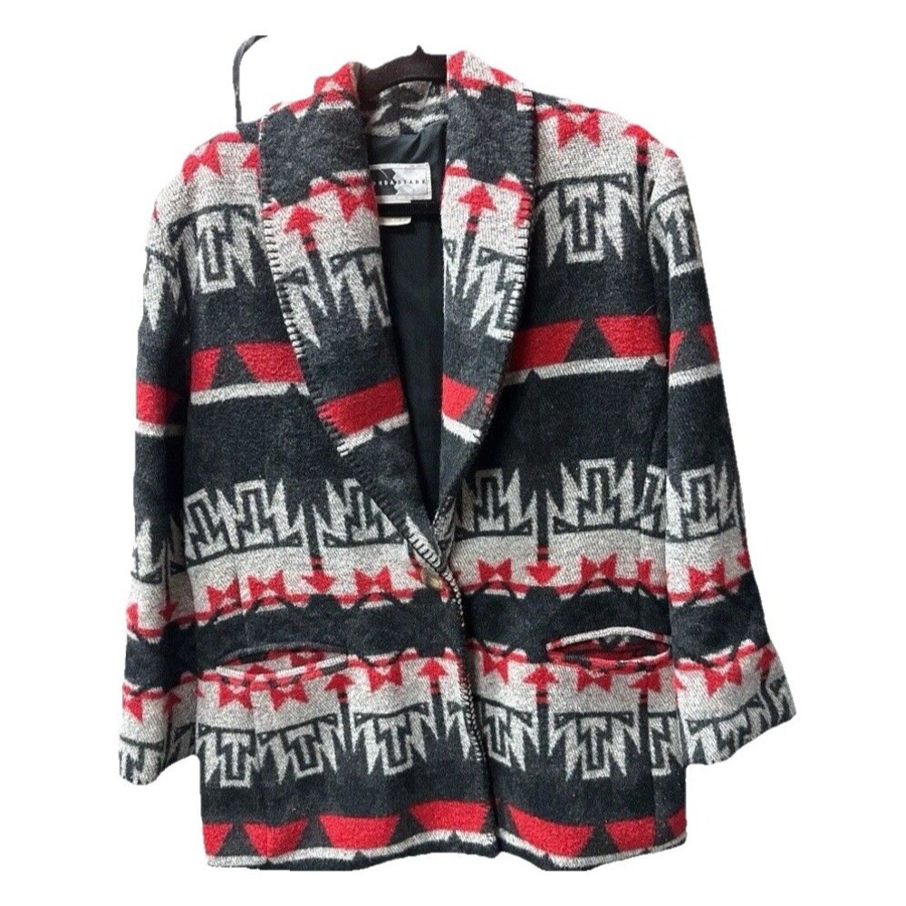 Vintage Boho Southwest Cardigan Jacket Women's L Wool Blend Blazer Rhonda Stark